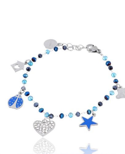 Bracciale in acciaio con perline blu e cuore con pietre