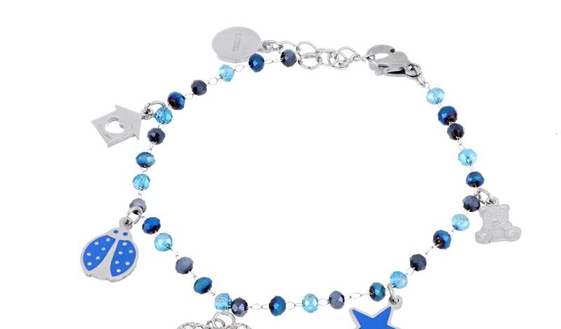 Bracciale in acciaio con perline blu e cuore con pietre