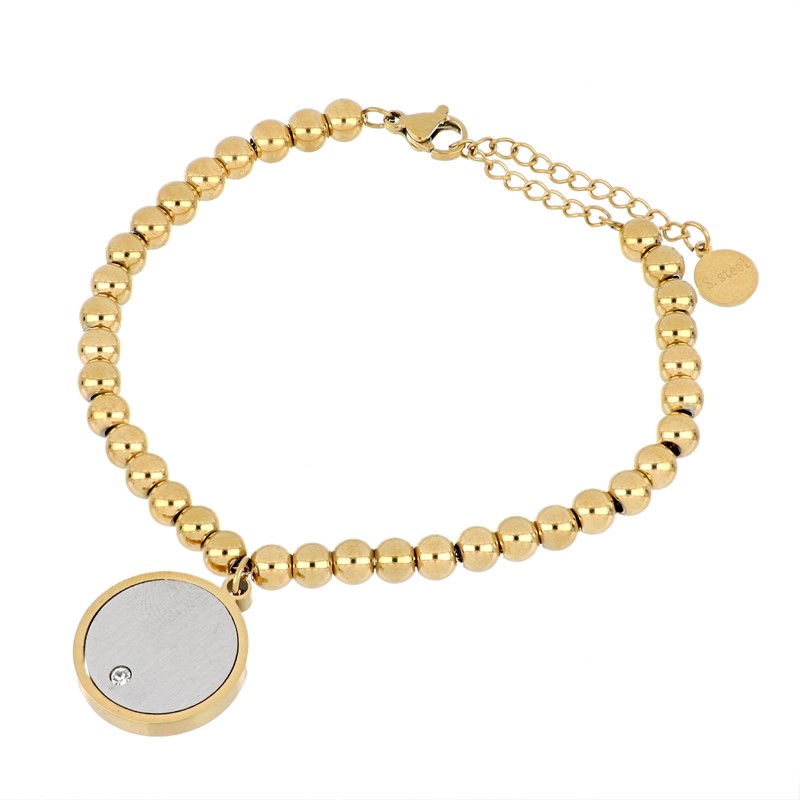 Bracciale a palline con tondo e pietra bianca dorato