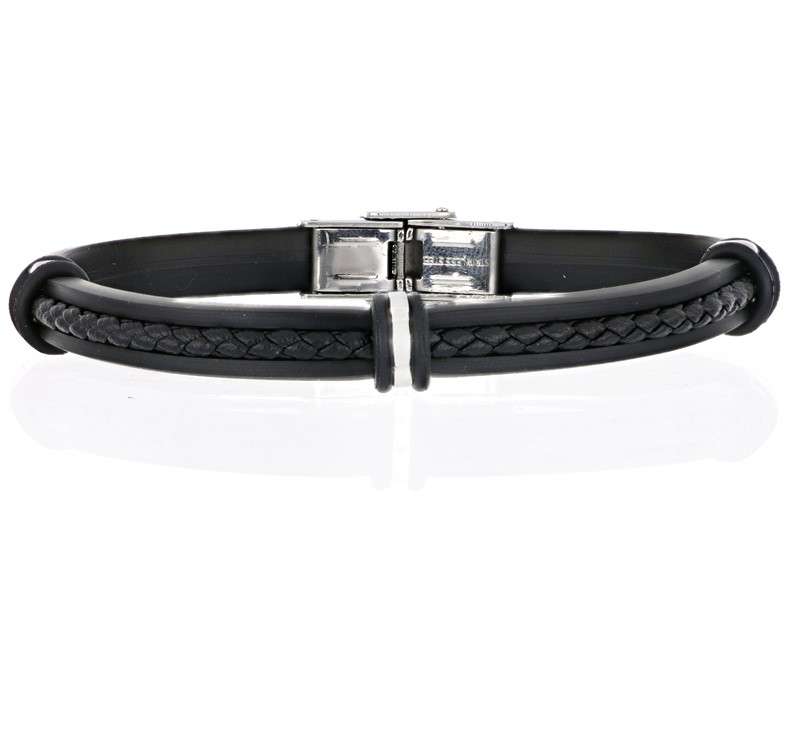 Bracciale uomo in acciaio e pelle intrecciata nera