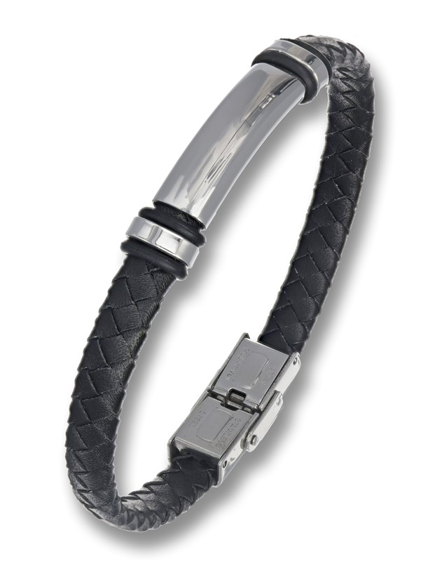 Bracciale pelle intrecciata nero targa liscia