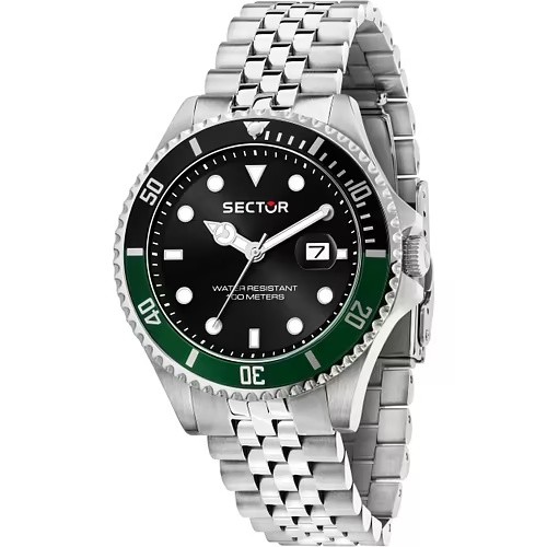 Orologio uomo Sector acciaio quadrante nero ghiera verde 100m