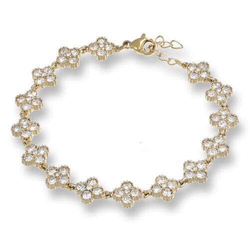 Bracciale donna dorato con montatura a fiore pietre bianche