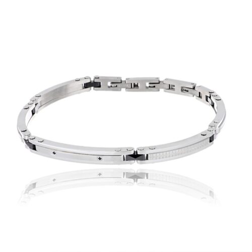 Bracciale uomo acciaio e ceramica nera con maglie lavorate