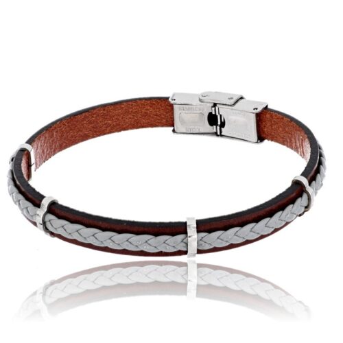Bracciale uomo in cuoio marrone grigio e inserti acciaio