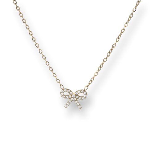 Collana donna in acciaio con fiocco e pietre bianche dorato