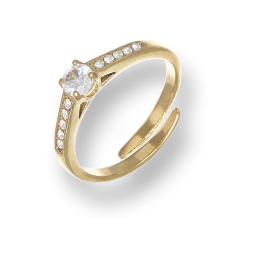 Anello solitario con pietre bianche sul gambo dorato