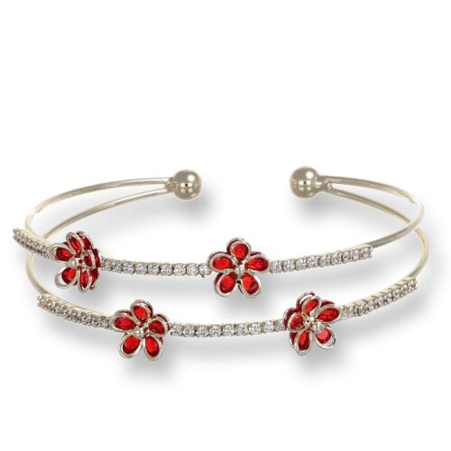 Bracciale semirigido con pietre bianche e fiori rossi dorato