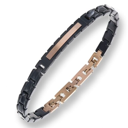Bracciale uomo in acciaio con ceramica nera e targa rosÈ