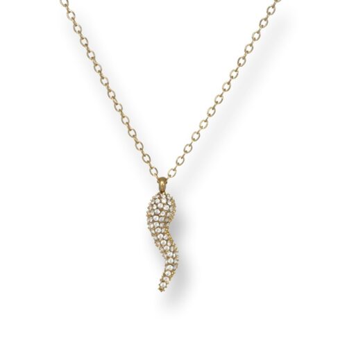 Collana donna in acciaio con cornetto e pietre bianche oro