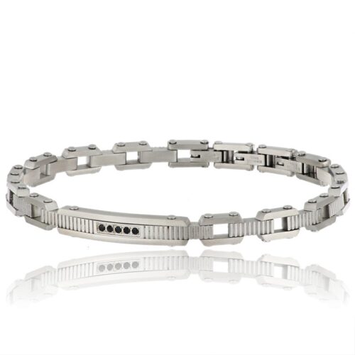 Bracciale uomo acciaio satinato con targa e pietre nere