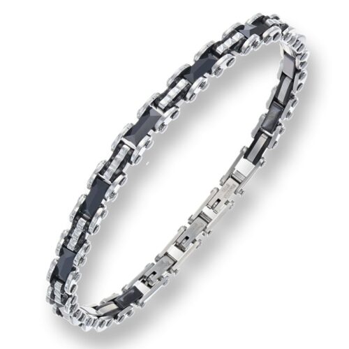 Bracciale uomo in acciaio ceramica nera e inserti bianchi