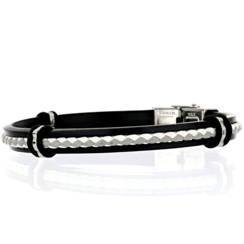 Bracciale uomo acciaio e caucciu' e treccia in cuoio bianca