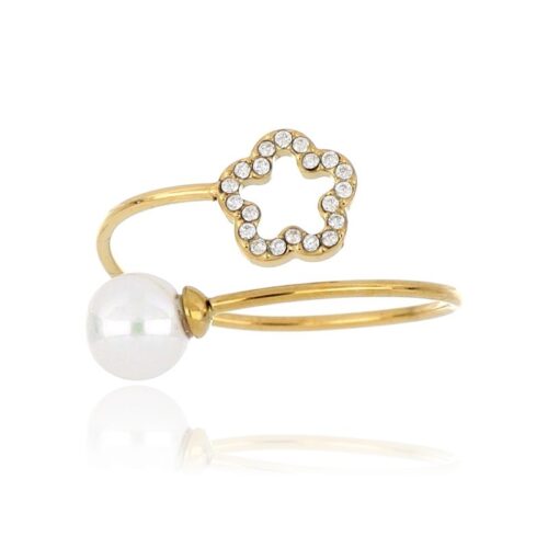 Anello donna aperto avanti con perla e fiore dorat