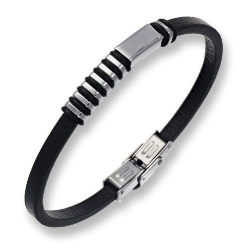 Bracciale uomo in cuoio nero con piastrina