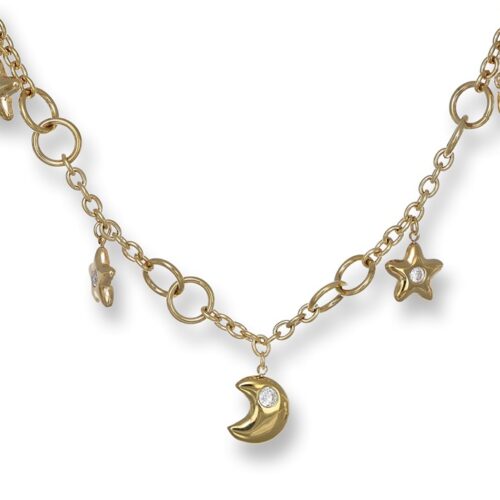 Collana in acciaio con pendenti bombati luna e stelle dorata