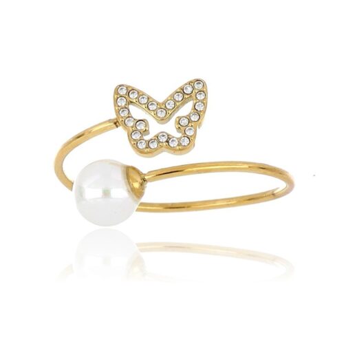 Anello donna acciaio aperto perla e farfalla dorat