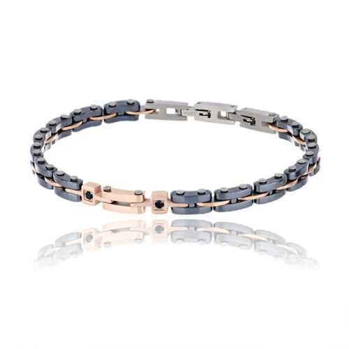 Bracciale uomo acciaio e ceramica brunita e inserti oro rosa