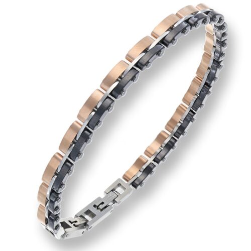 Bracciale uomo in acciaio con ceramica nera e rosÈ satinata