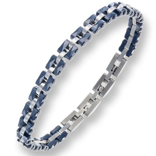 Bracciale uomo in acciaio con ceramica blu e bianca