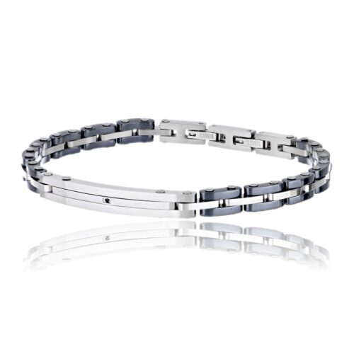 Bracciale uomo acciaio e ceramica grigia con piastrina