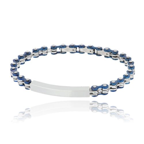 Bracciale uomo acciaio con targhetta e maglia blu
