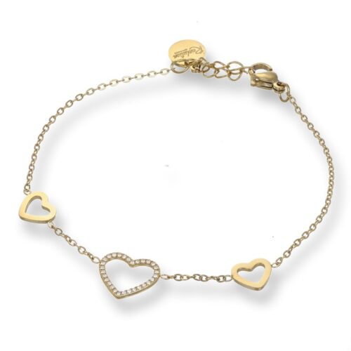 Bracciale Donna In Acciaio Con Tre Cuori Centrali Dorato Revolution Gioielli Ess