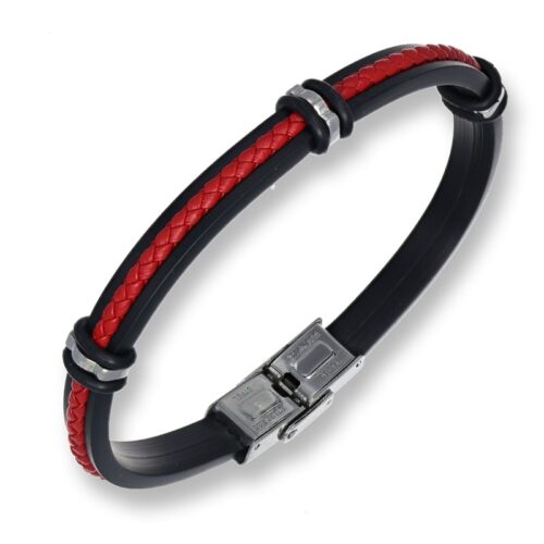 Bracciale caucciu con pelle intrecciata rossa