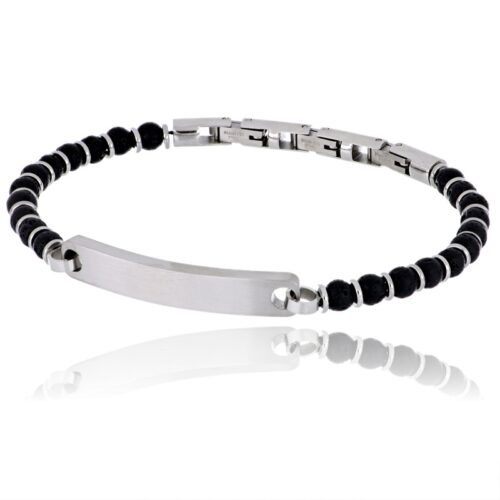 Bracciale uomo acciaio con palline e nere e piastrina