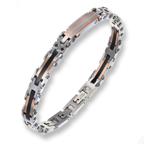 Bracciale acciaio con inserti neri e rosa