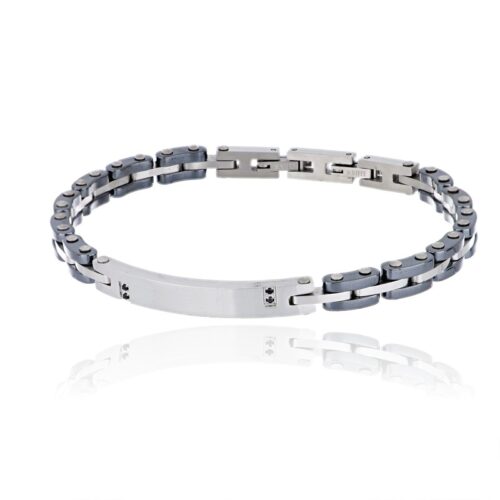 Bracciale uomo acciaio e ceramica grigia con piastrina