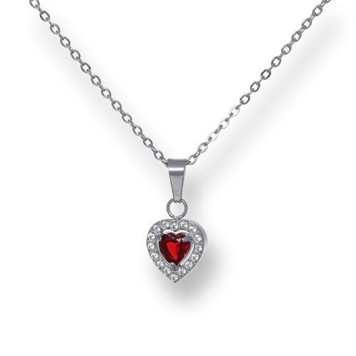 Collana donna in acciaio con pendente cuore pietra rossa