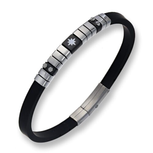 Bracciale uomo in caucciÙ nero con inserti acciaio