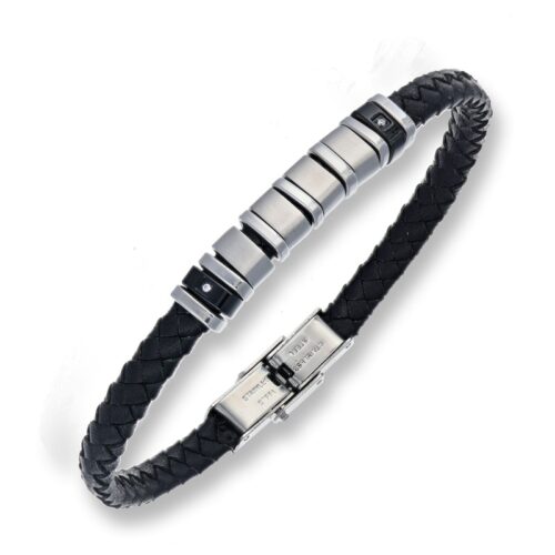 Bracciale uomo in cuoio nero con inserti acciaio