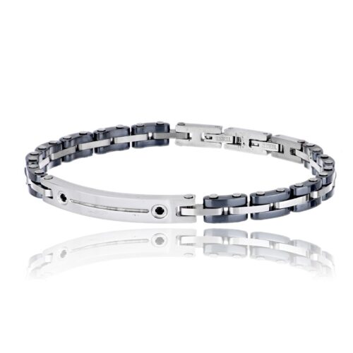 Bracciale uomo acciaio e ceramica grigia con piastrina