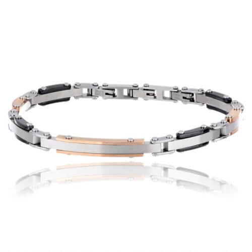 Bracciale uomo acciaio con targhe e inserti bruniti e rosati