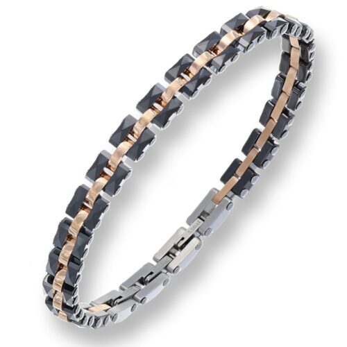 Bracciale uomo in acciaio con ceramica nera e rosÈ