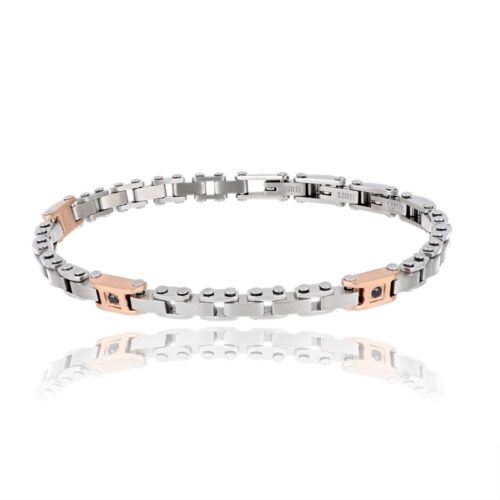 Bracciale uomo acciaio e oro rosa con zirconi neri