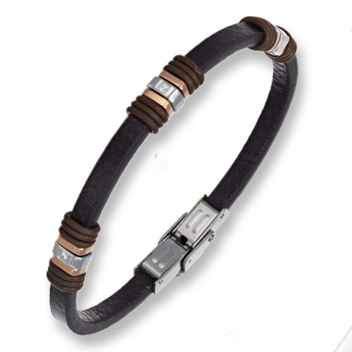 Bracciale uomo in cuoio nero e inserti rosa