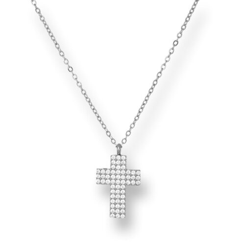 Collana donna in acciaio con croce pietre bianche