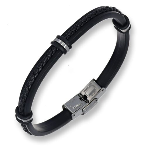Bracciale caucciu con pelle intrecciata nera