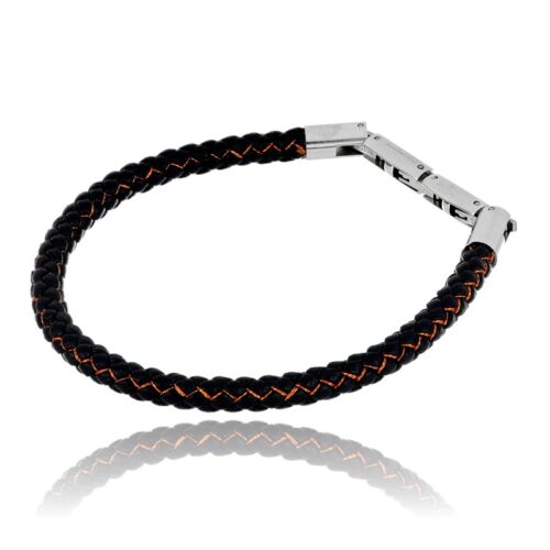 Bracciale uomo in cuoio intrecciato nero e arancio