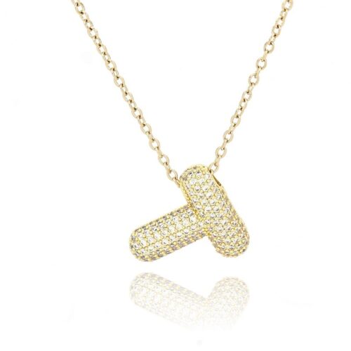 Collana donna acciaio con lettera t con pietre dorata