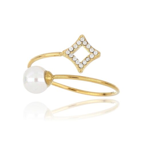 Anello donna con rombo e perla aperto avanti dorato