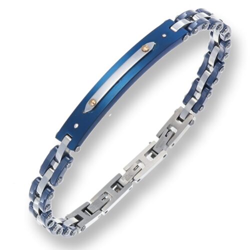 Bracciale uomo in acciaio con ceramica blu e targa