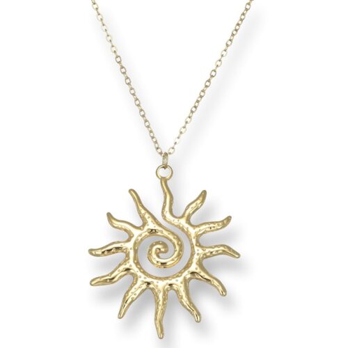 Collana donna in acciaio con sole martellato dorato