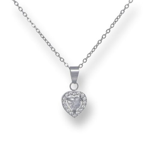 Collana donna in acciaio con pendente cuore pietra bianca