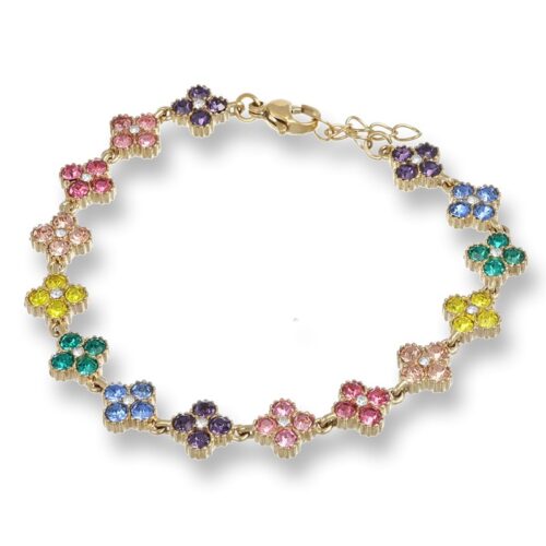 Bracciale donna dorato montatura a fiore pietre multicolr