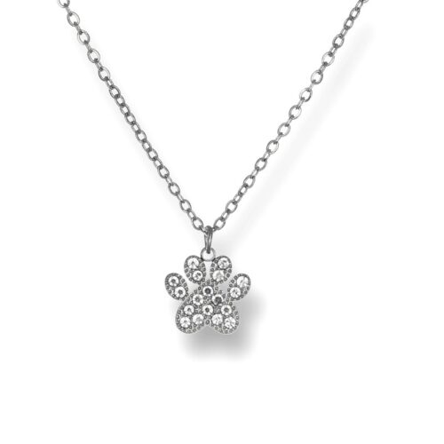 Collana donna in acciaio con zampetta e pietre bianche