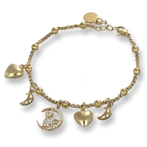 Bracciale Gatto Luna e Cuore Dorato Revolution Gioielli Essenza